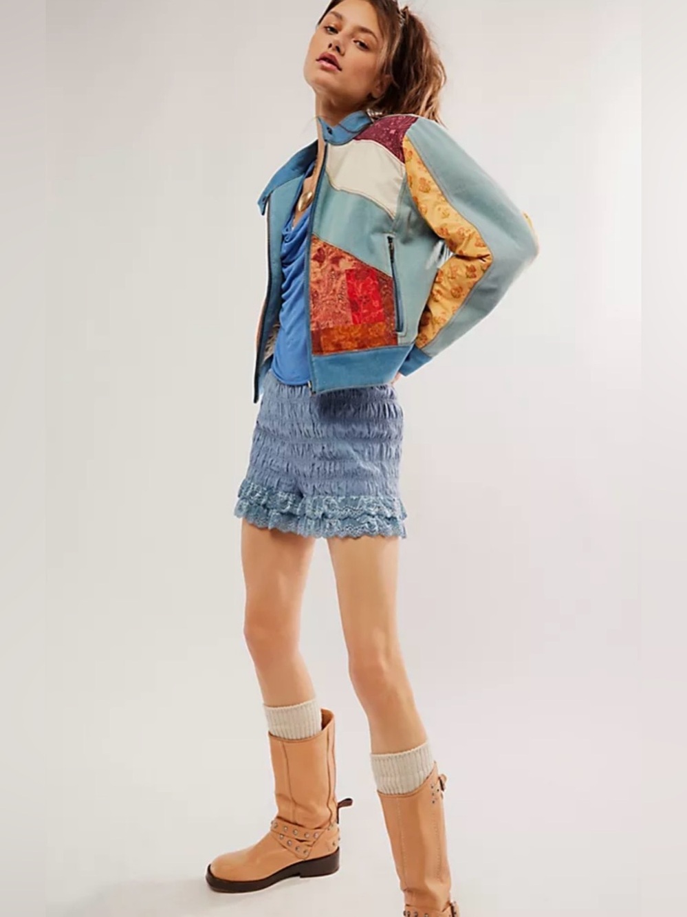 Free People Denim Sunset Patchwork Extravaganza Racer Moto Jacket ‼️RARE‼️ NWT - Picture 5 of 7
